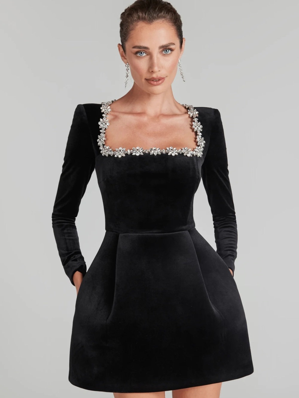 Nadine Merabi Velvet Crystal Daisy Embellished Mini Dress XS US 2